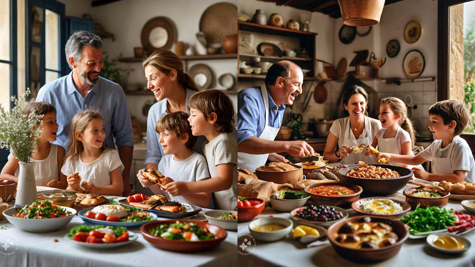 A family gathered around a dining table enjoying a Mediterranean meal, with various dishes and a relaxed, joyful atmosphere.