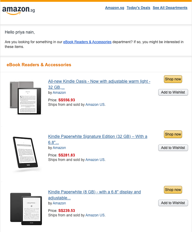 Example of Amazon’s product recommendation email.