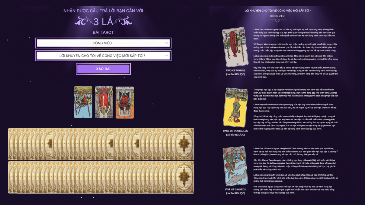 Kết quả một trải bài Tarot online trên website Boitarot.vn