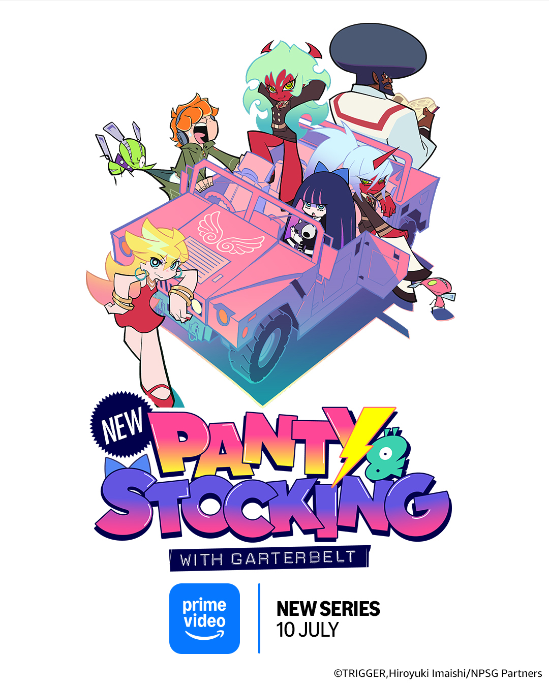 A cartoon character in a pink car

Description automatically generated