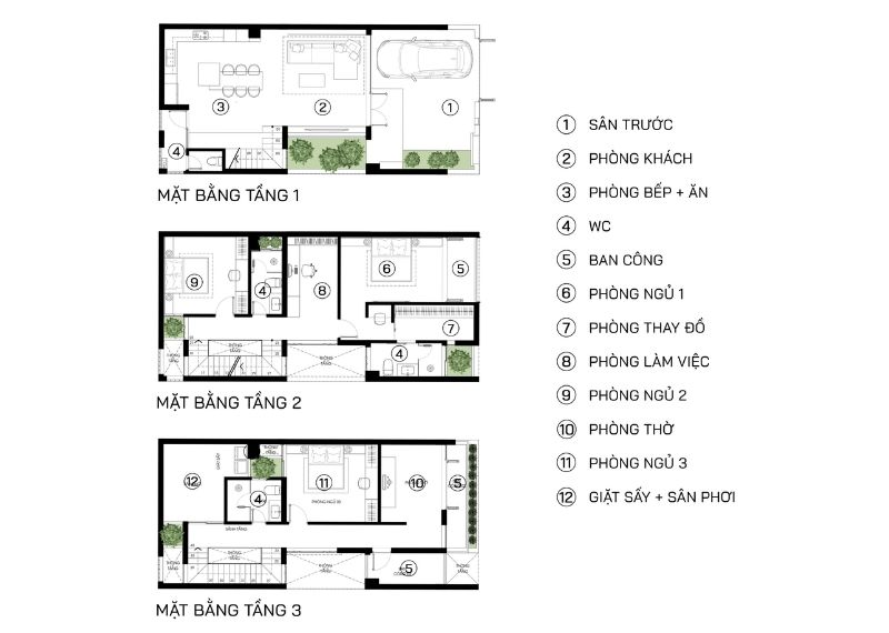 mặt bằng bố trí công năng nhà 3 tầng 100m2 tối ưu Xây dựng Nhất Tín