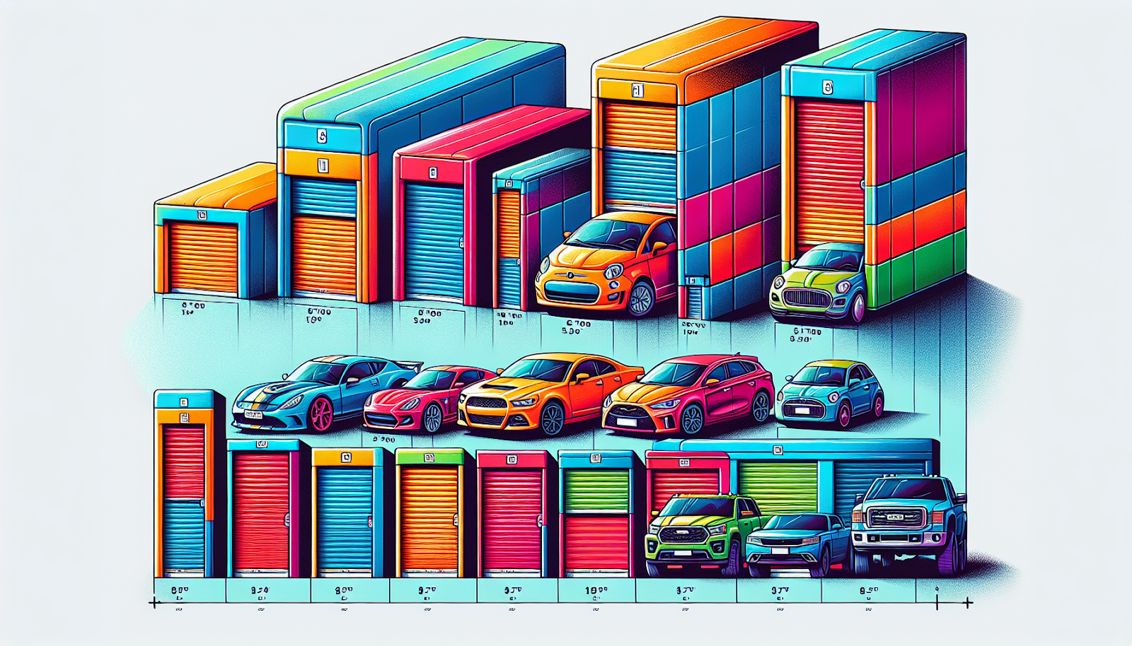 An illustration showing different car sizes and their corresponding storage unit dimensions for understanding car storage unit sizes.