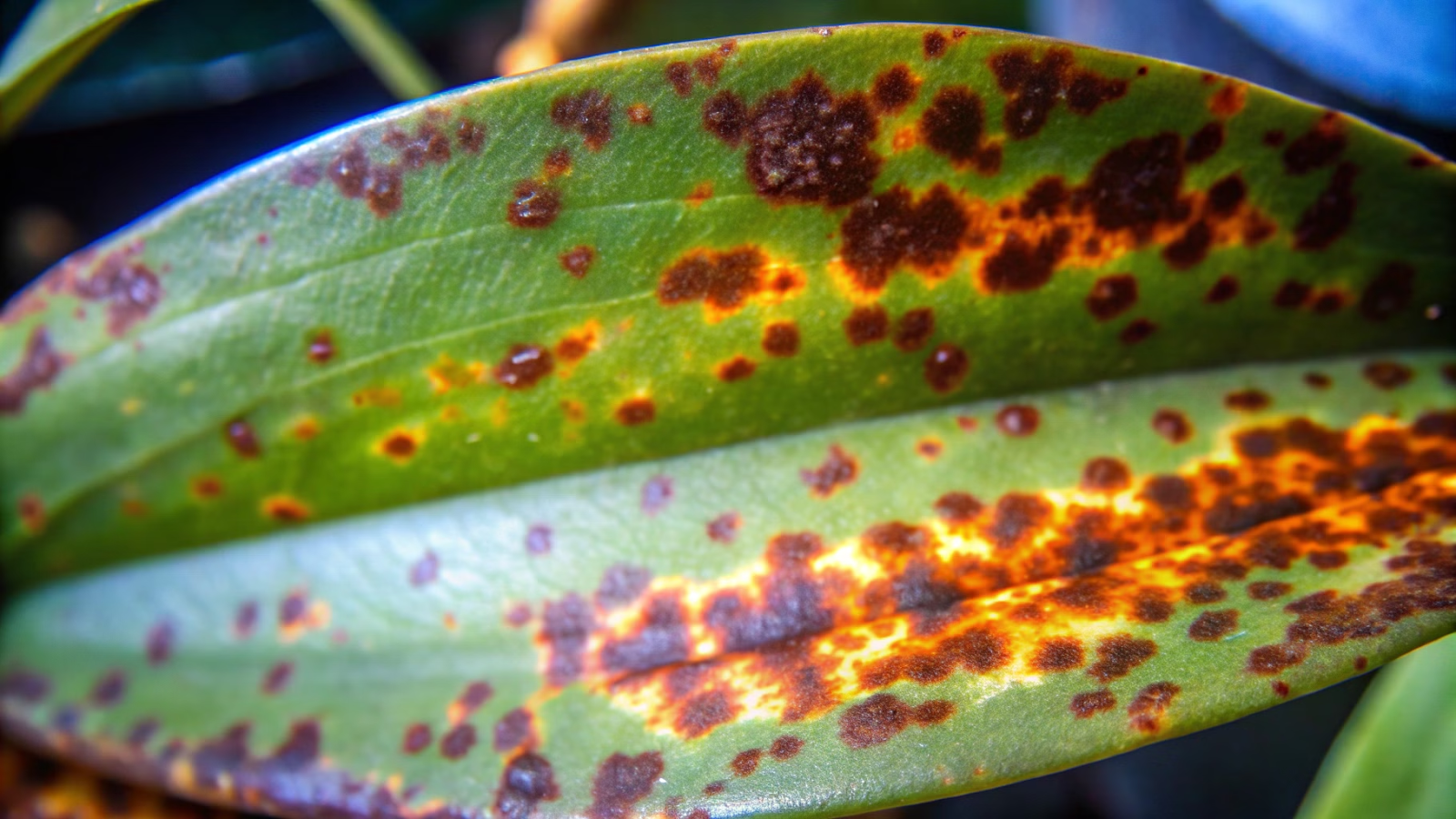 Folhas de orquídea com manchas escuras de podridão negra