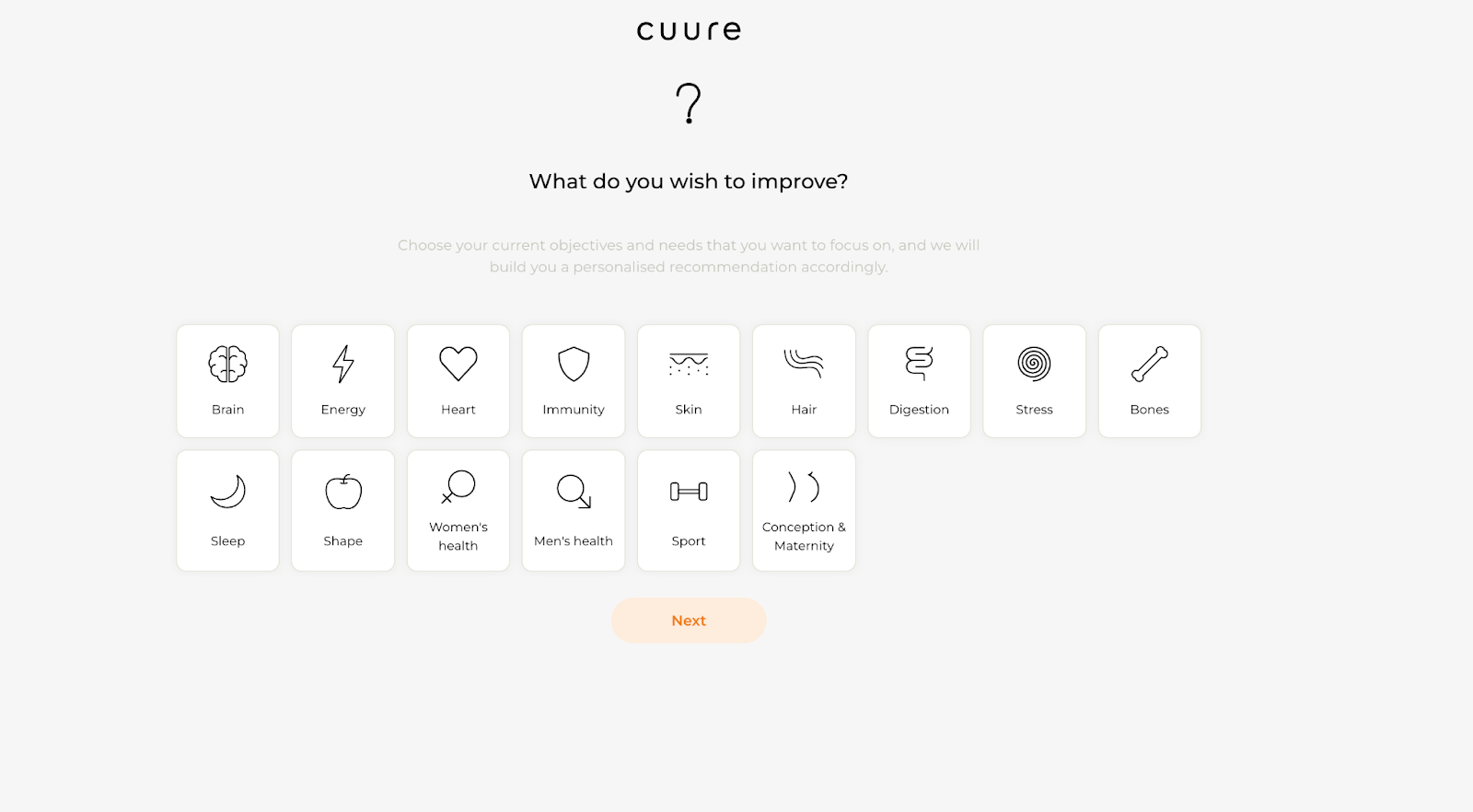 A screenshot of Cuure's onboarding screen.