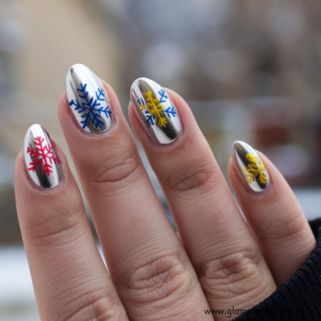 Snowflake Nails having Chrome Nails with Snowflake Accents
