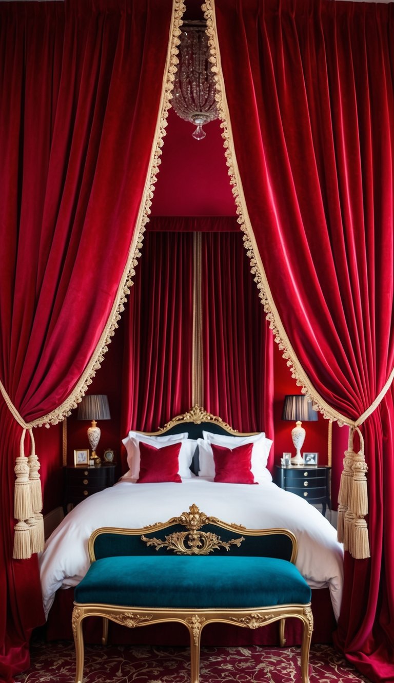 Crimson velvet drapes frame a luxurious red bedroom with elegant decor