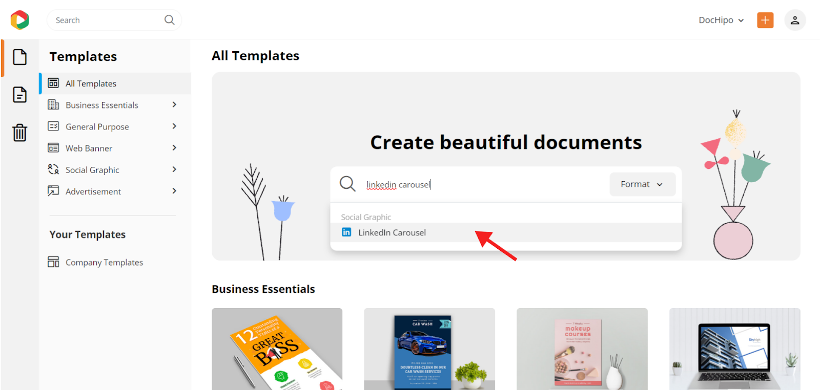 Searching LinkedIn carousel post templates in DocHipo