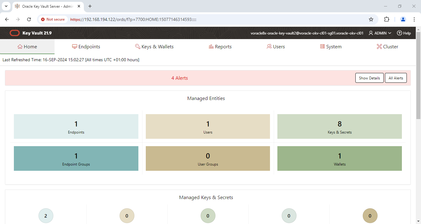 Oracle Key Vault Server - Admin Home - Google Chrome