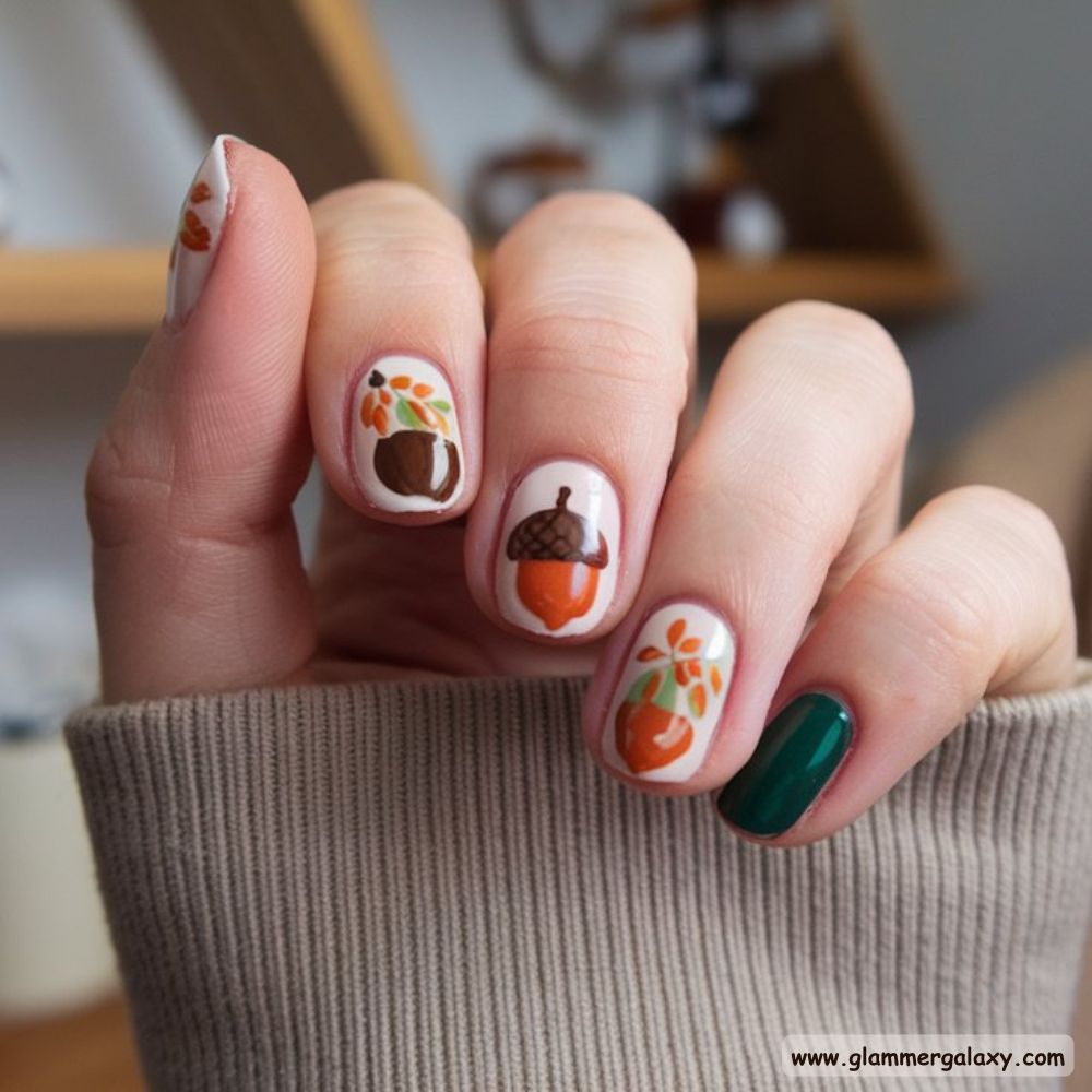 Thanksgiving Nail Designs having Acorn and Leaf Nail Design
