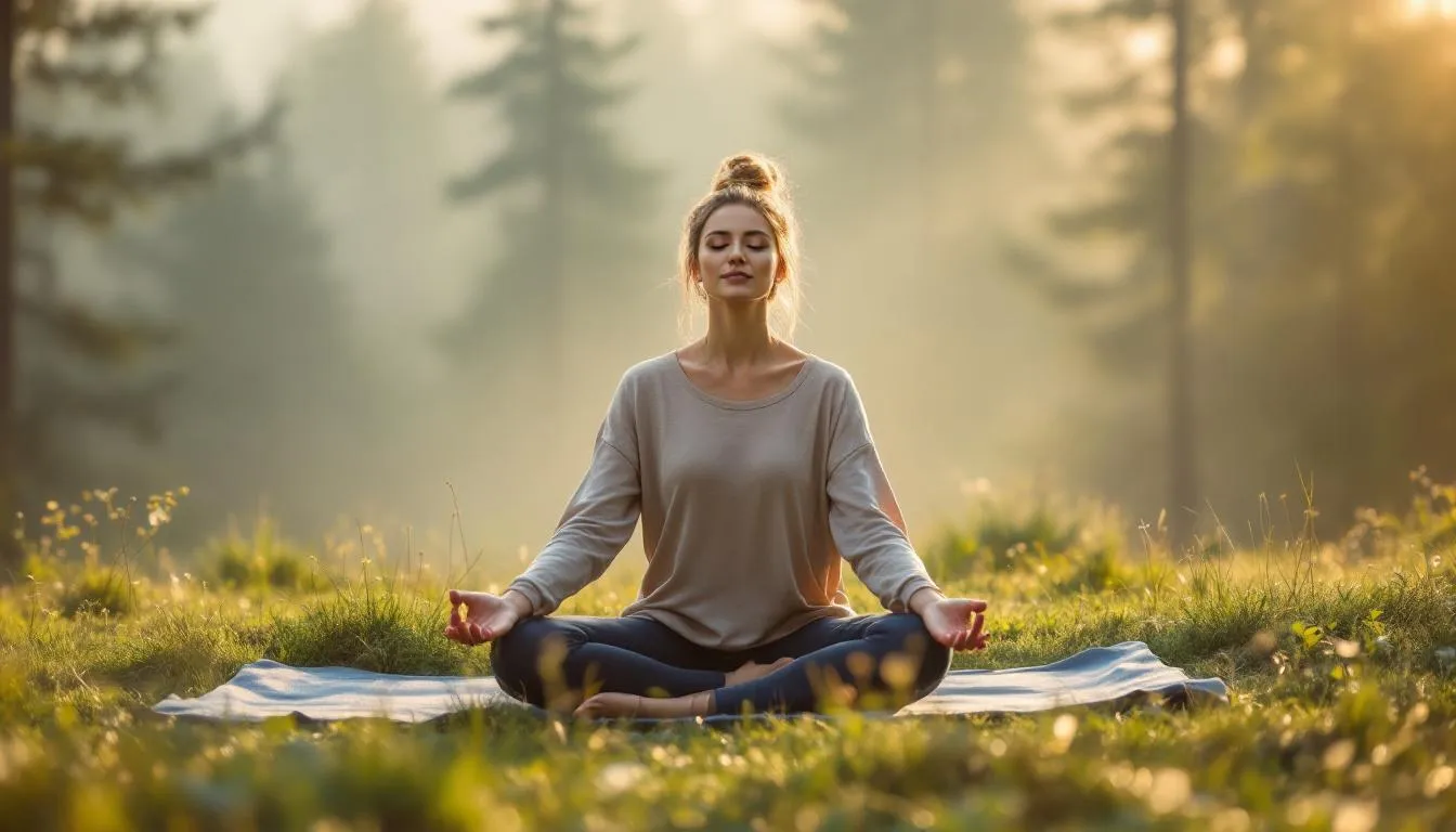 Woman meditating in the woods