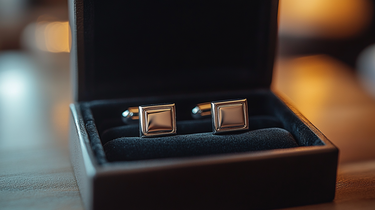 A pair of minimalist silver cufflinks resting in a black velvet case, their sleek design subtly gleaming under soft ambient lighting.