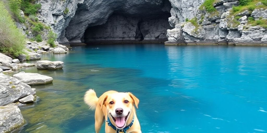 A dog enjoying nature at Grotto Tobermory.