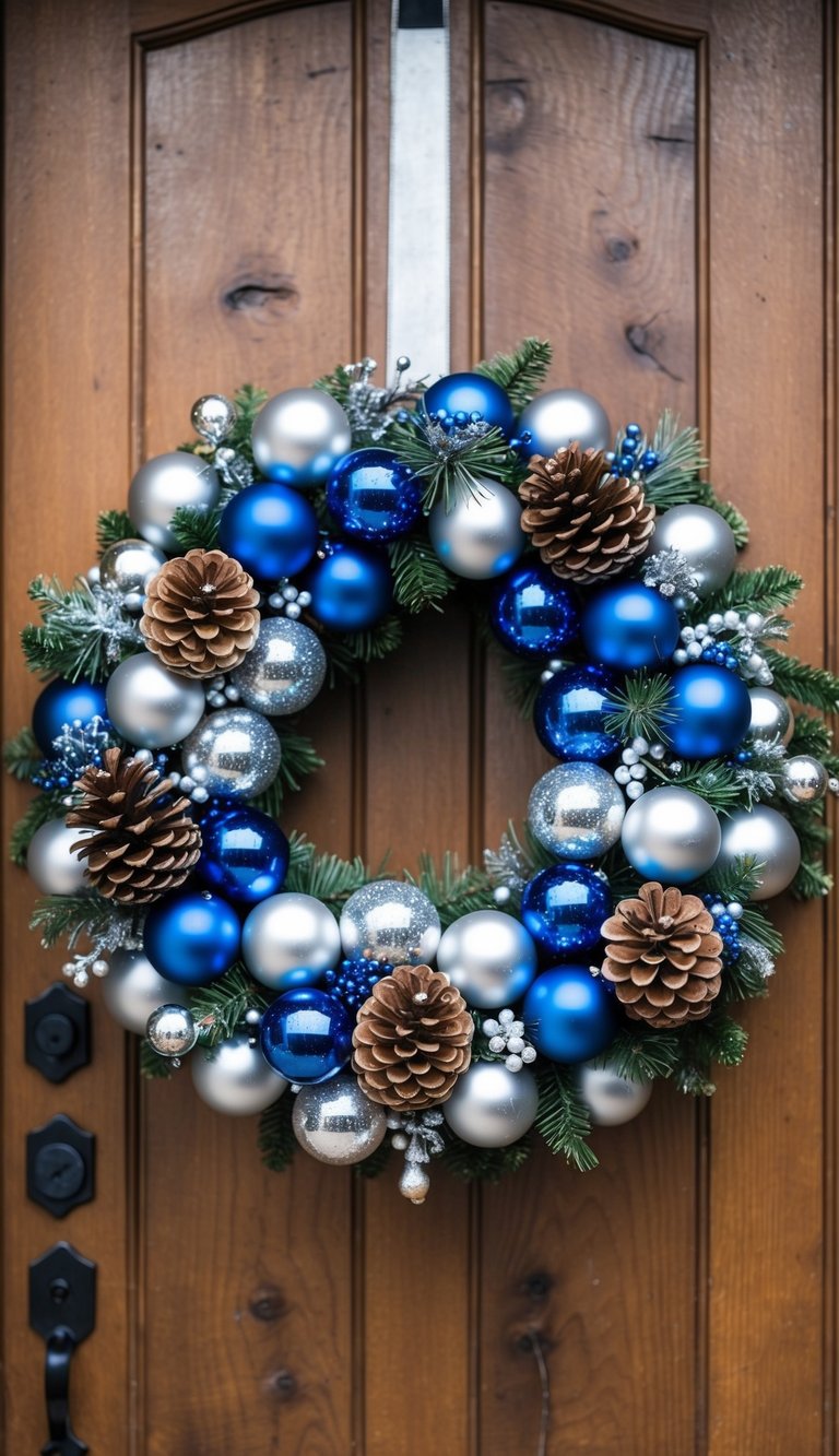 A silver and blue winter wreath hangs on a rustic wooden door, adorned with pinecones, berries, and shimmering ornaments