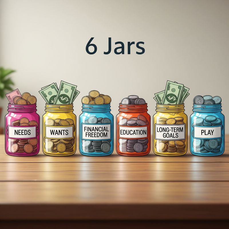Sáu lọ tiền nhiều màu tượng trưng phương pháp 6 hũ