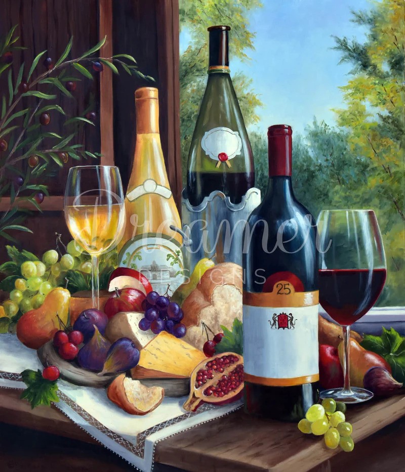 illustration of wine, cheeses, and fruits