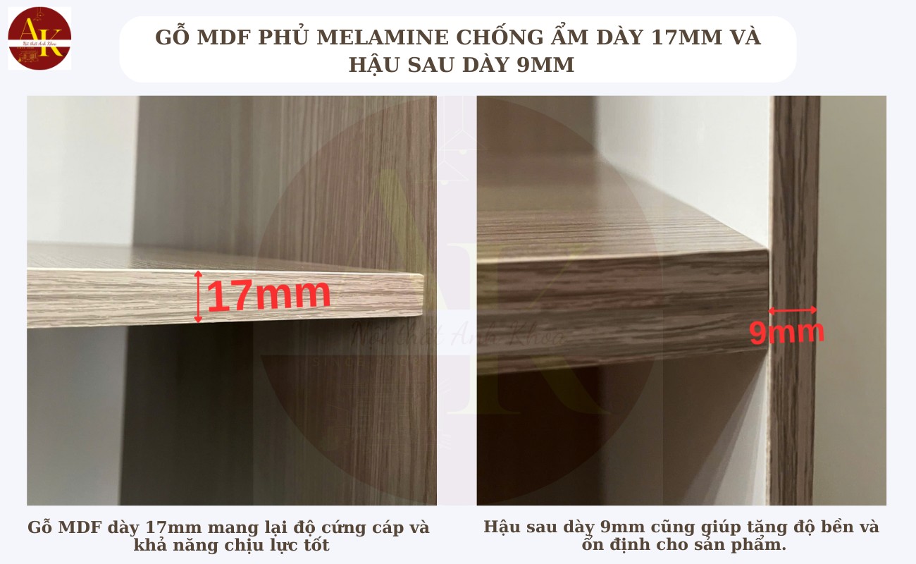 Gỗ MDF phủ melamine dày 17mm và hậu dày 9mm