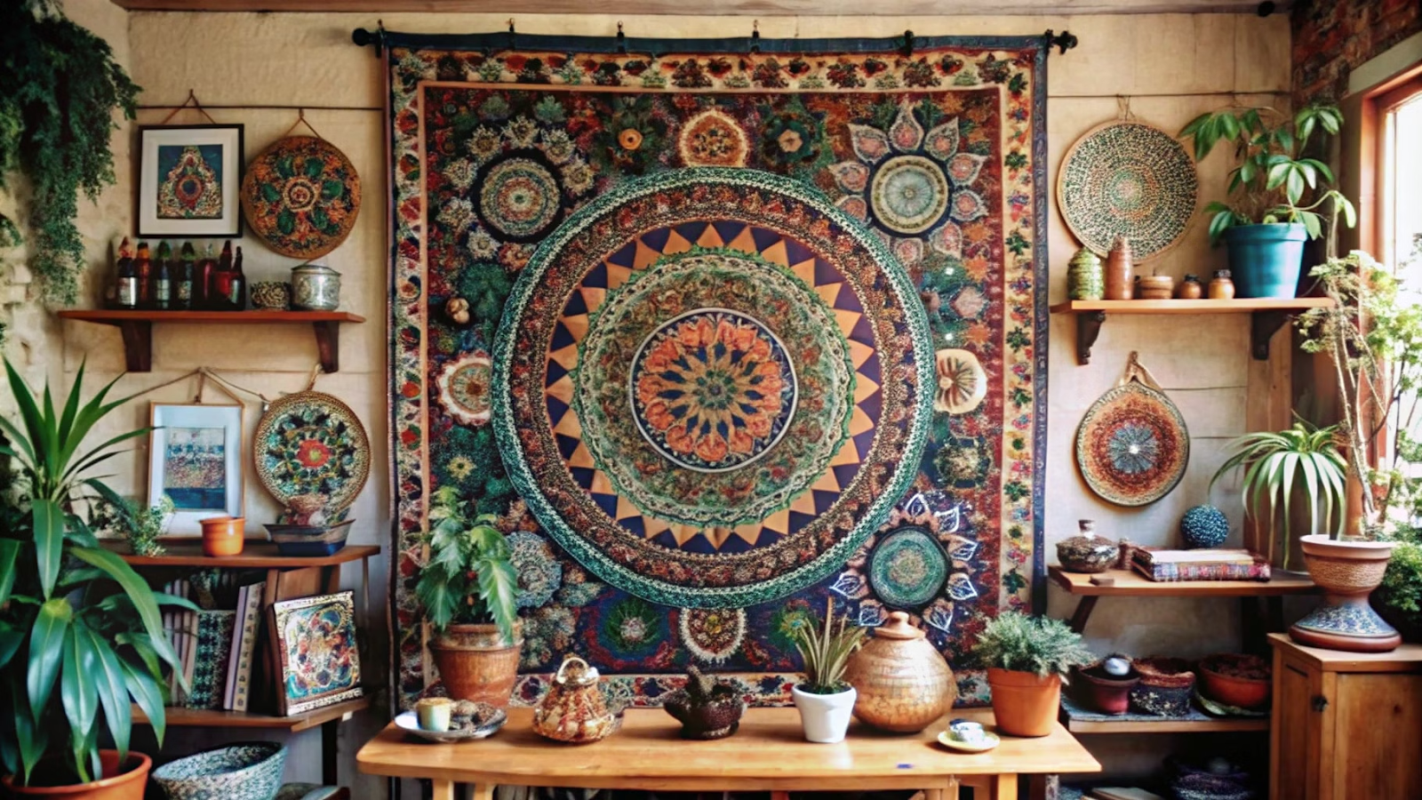 Parede boho decorada com tapeçarias, mandalas e prateleiras com plantas.