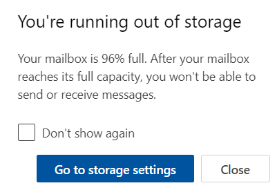 Outlook pop-up shows "You're running out of storage"