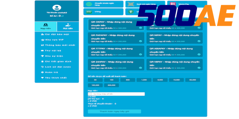 Hướng dẫn nạp tiền 500AE bằng ngân hàng
