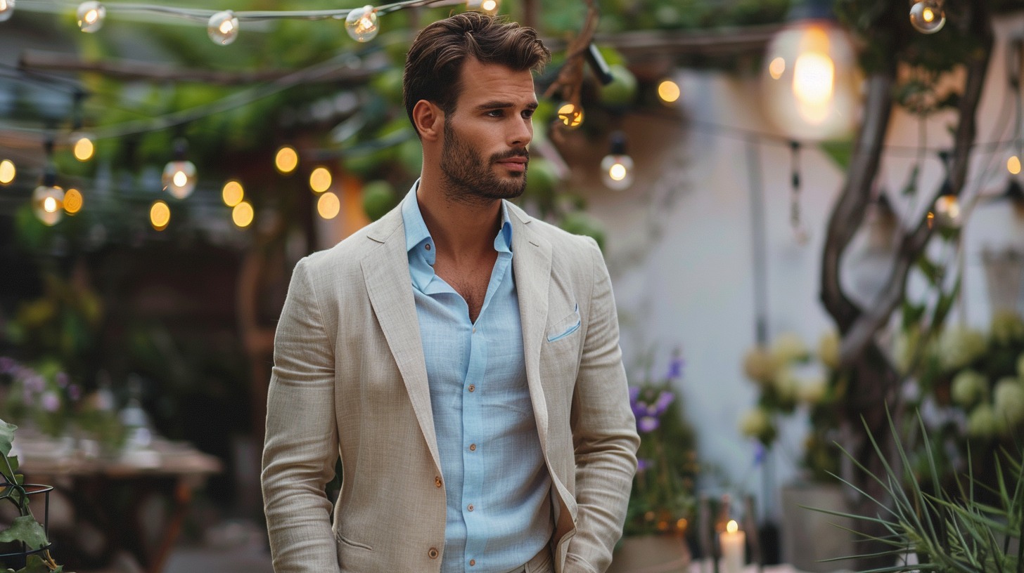 A man dressed in a light beige linen suit with a sky-blue shirt, relaxed but sharp style, attending an outdoor summer cocktail party with greenery and string lights