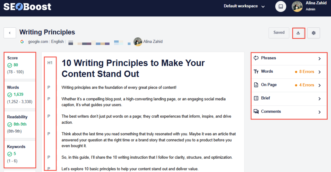 SEOBoost's content optimization feature shows seo suggestions in detail