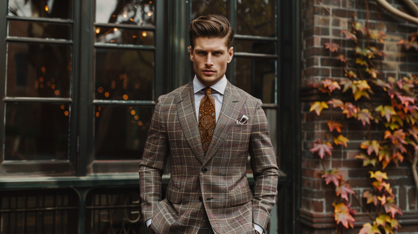A man in a vintage-inspired suit with a wide tie in paisley or bold stripe, wide-lapel jacket, rich textures, classic retro setting with warm tones, confident and timeless look