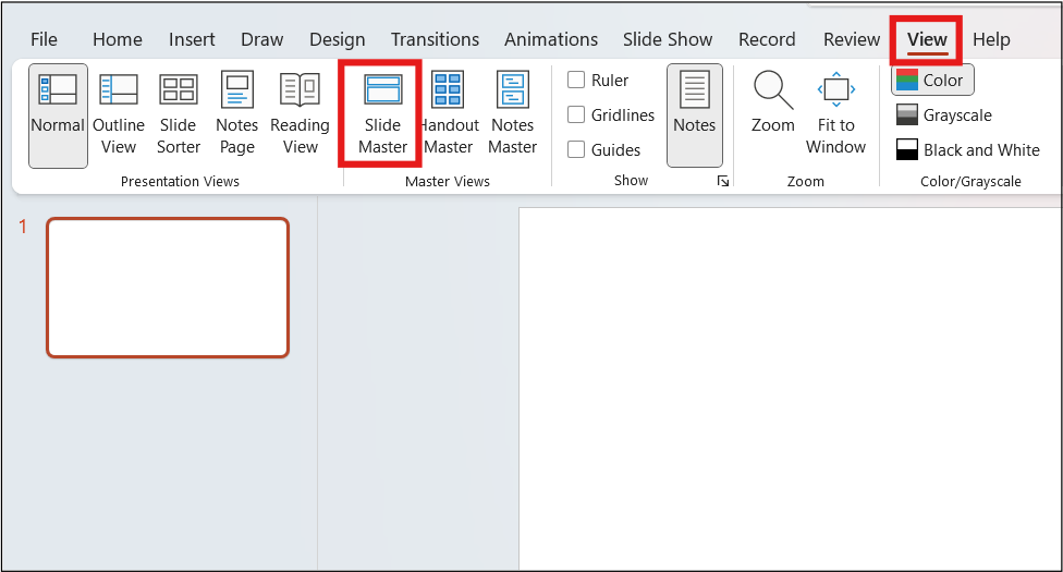 PowerPoint Interface. View > Slide Master Options are highlighted.