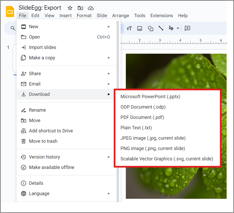 Downloading files in various formats like PowerPoint, PDF, JPEG, PNG, etc. in Google Slides