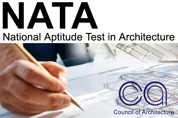 An image promoting the National Aptitude Test in Architecture (NATA), featuring a hand sketching architectural plans alongside the NATA logo and the Council of Architecture (CA) logo, highlighting your path to a successful architecture career.