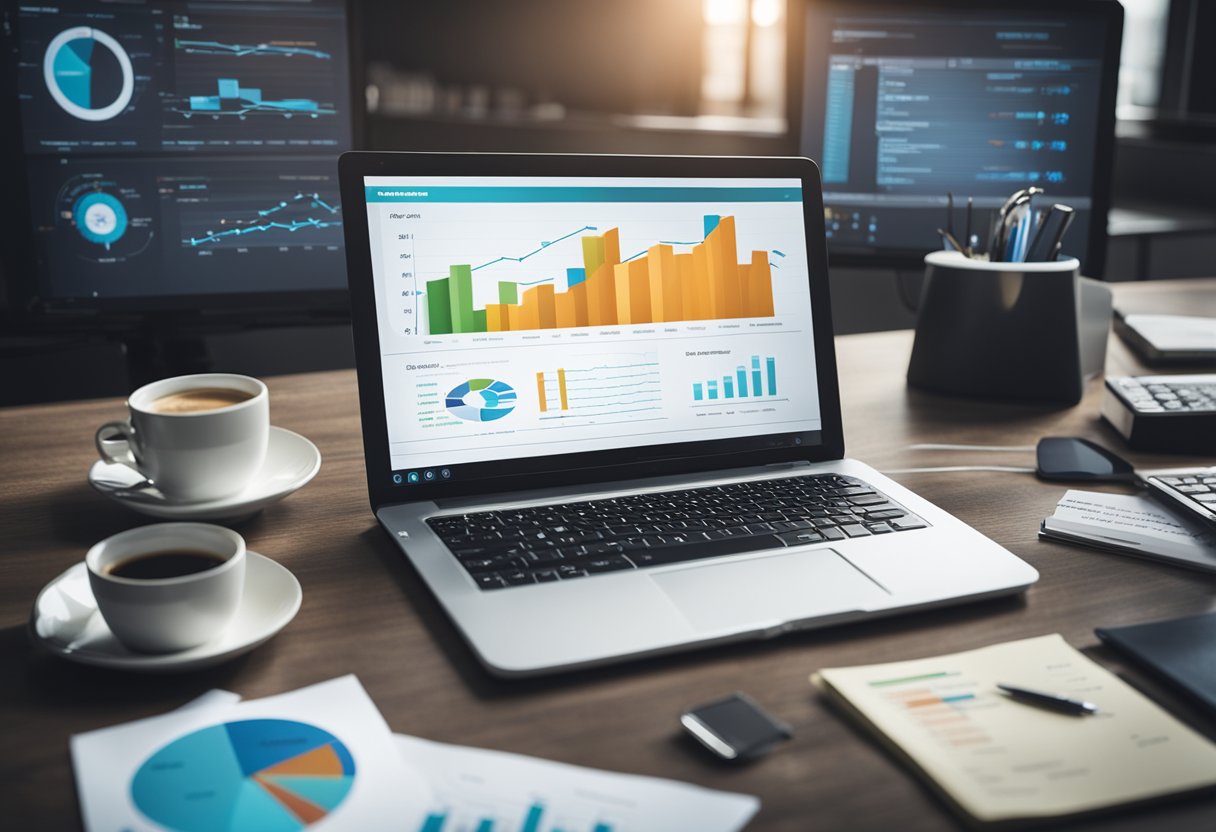 A laptop surrounded by SEO tools, charts, and graphs, with a checklist of audit recommendations highlighted on the screen