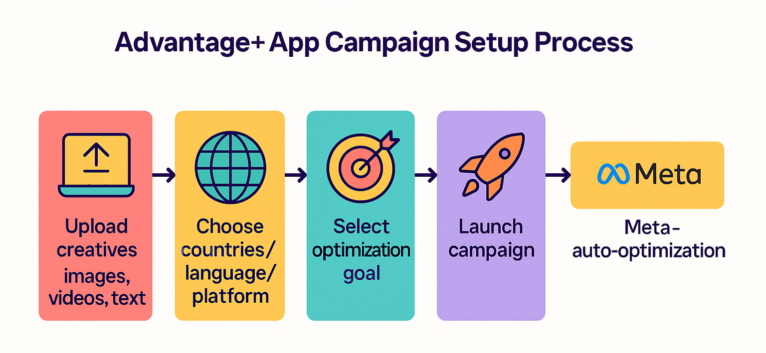 Horizontal flowchart showing five steps for setting up a Meta Advantage+ app campaign
