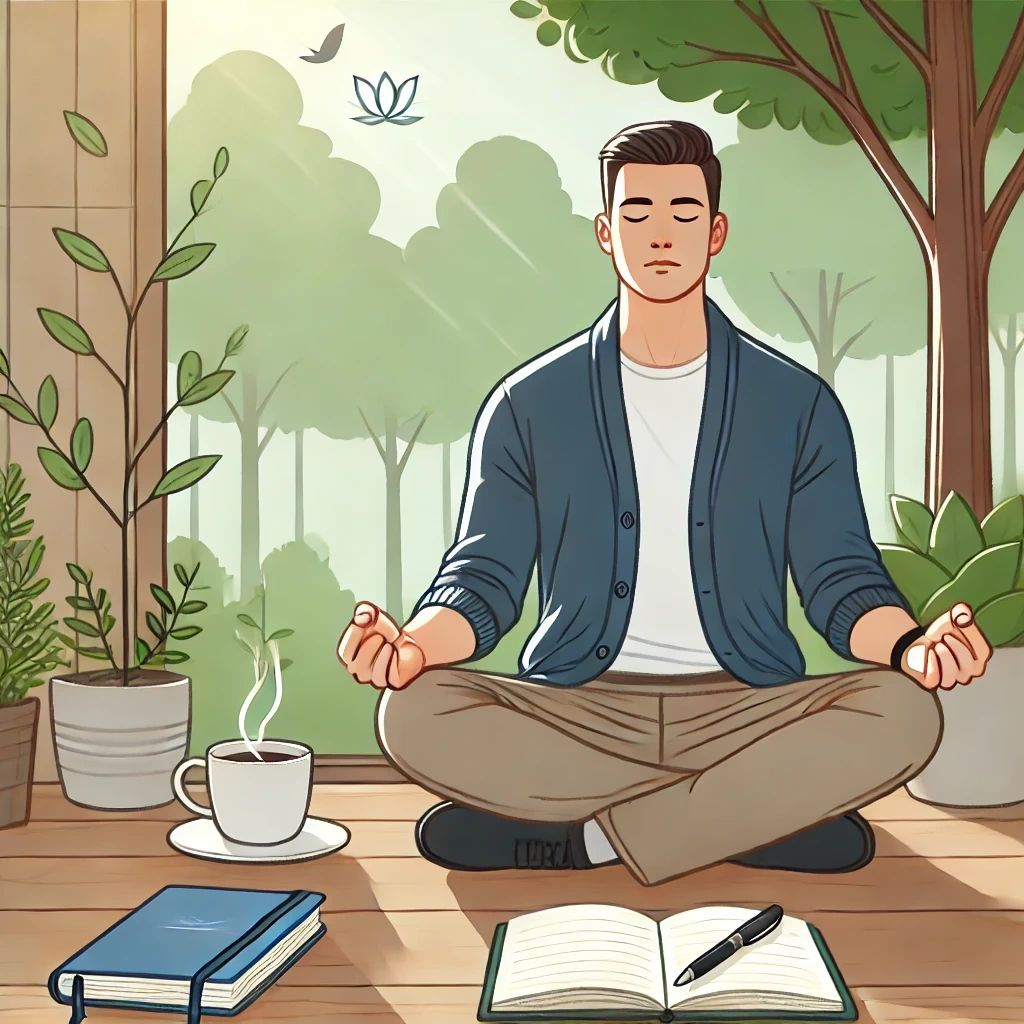 An individual sitting in a peaceful setting, practicing mindfulness meditation, with a journal and pen beside them for self-reflection, illustrating strategies to develop self-awareness.