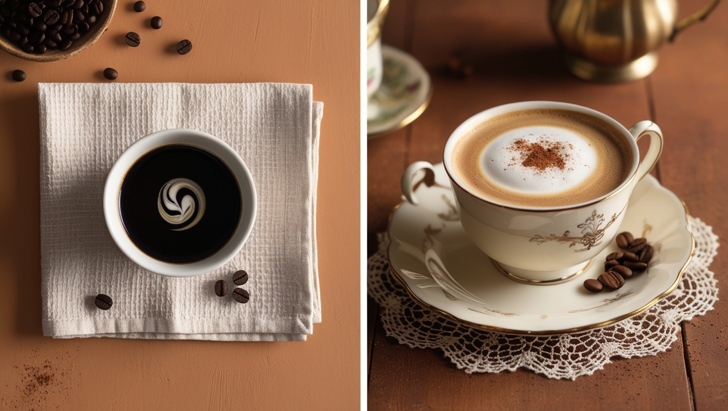 A split image showing two different ways to enjoy coffee. On the left, a white bowl with dark coffee and a swirl of cream sits on a beige napkin with coffee beans scattered around. On the right, a white porcelain cup with a cappuccino topped with foam and cinnamon sits on a saucer with a lace doily, a small coffee pot, and a few coffee beans.