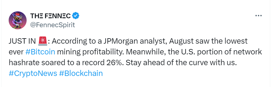 JPMorgan: Bitcoin Mining Profitability lowest in August