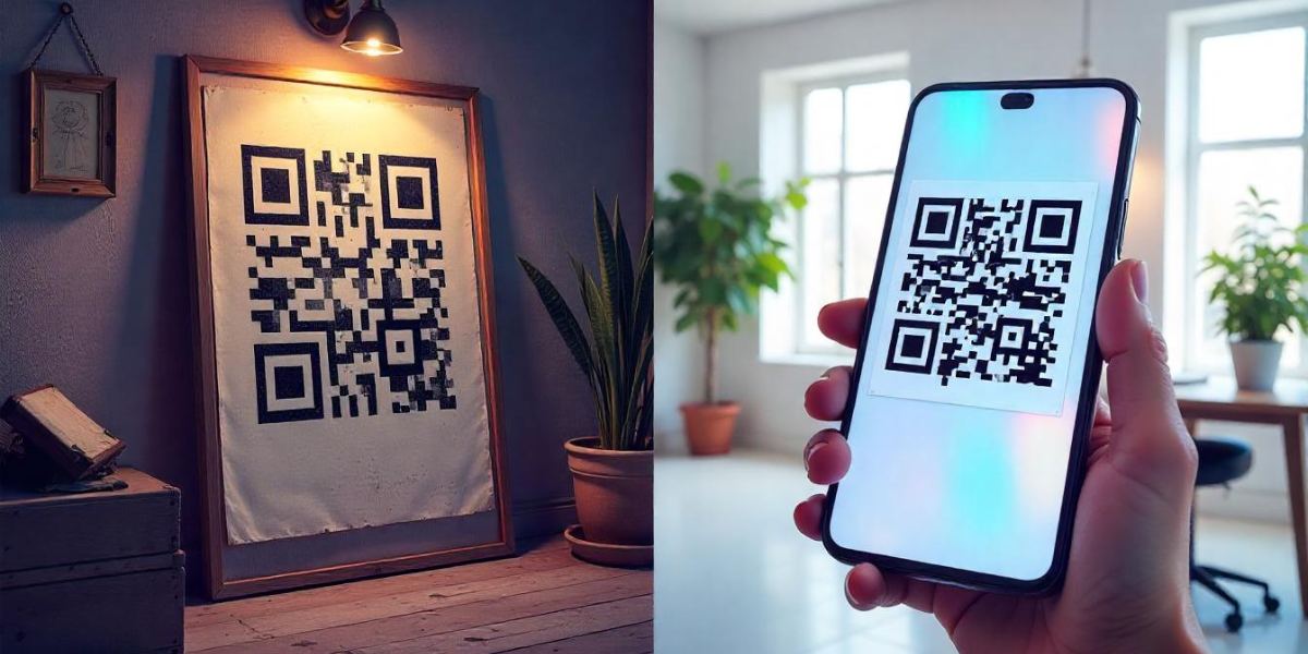 A QR Code displayed on a large print vs. a QR Code on a mobile display.