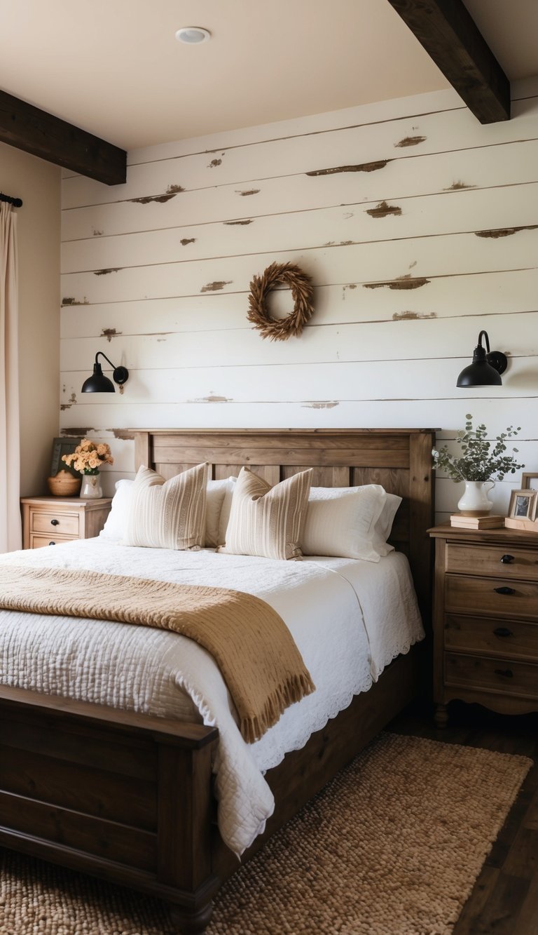 A cozy bedroom with distressed shiplap walls, vintage decor, and rustic furniture. A warm and inviting farmhouse atmosphere