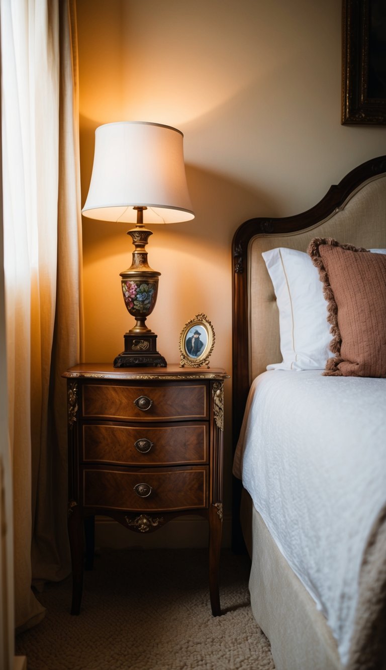 An antique bedside table sits next to a vintage bed in a cozy bedroom with warm lighting and soft, inviting decor