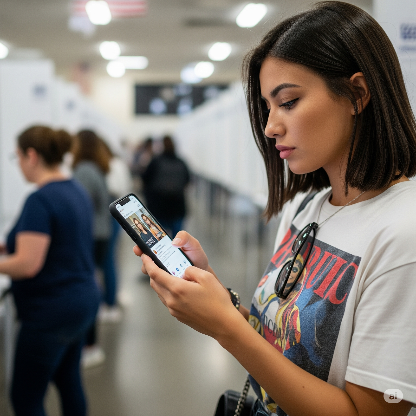 Young voter watching celebrity content on a smartphone before casting a ballot.
