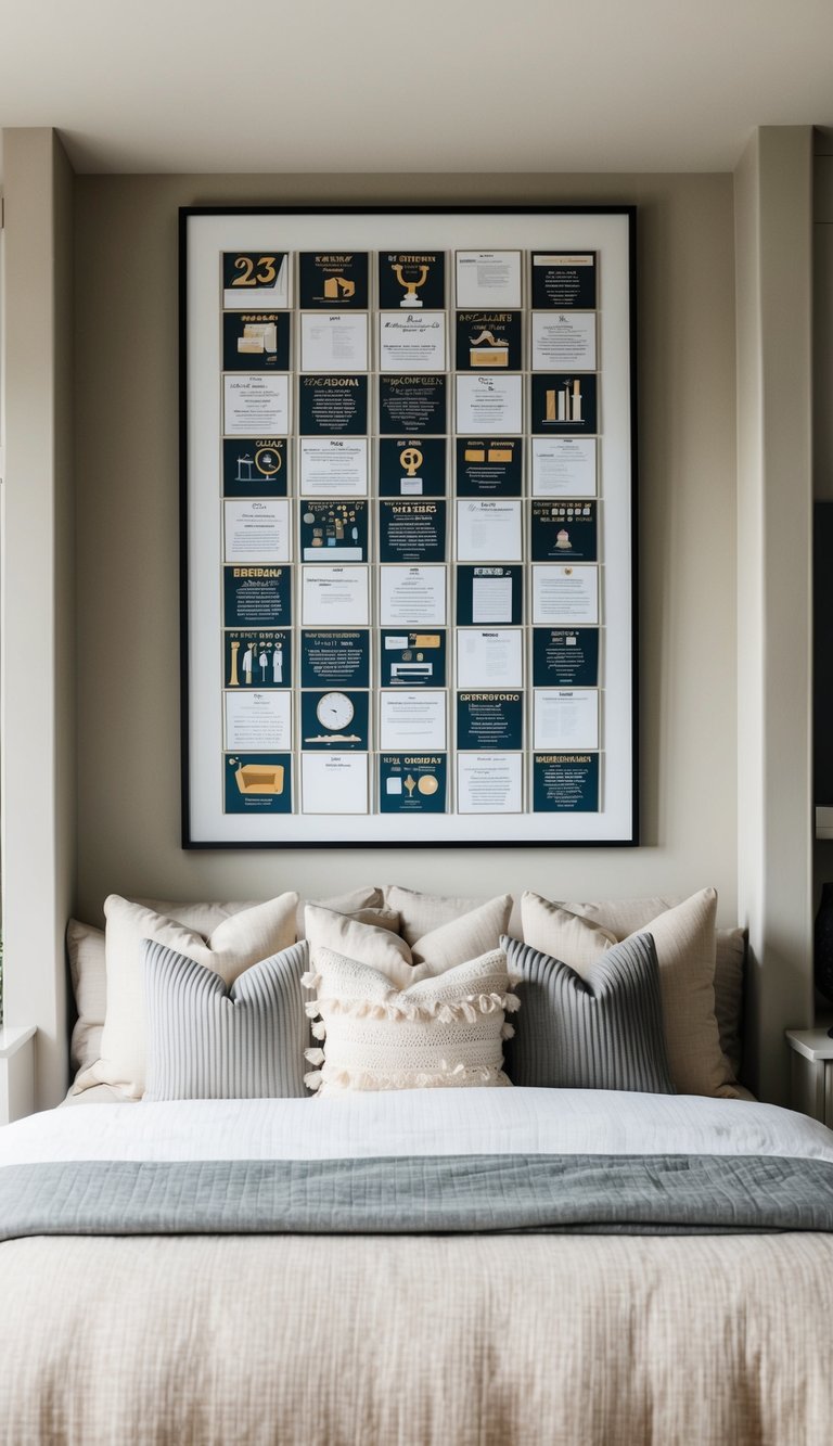 A cozy guest bedroom with a large, framed art piece depicting 23 different ideas, surrounded by neutral-colored walls and soft, inviting bedding