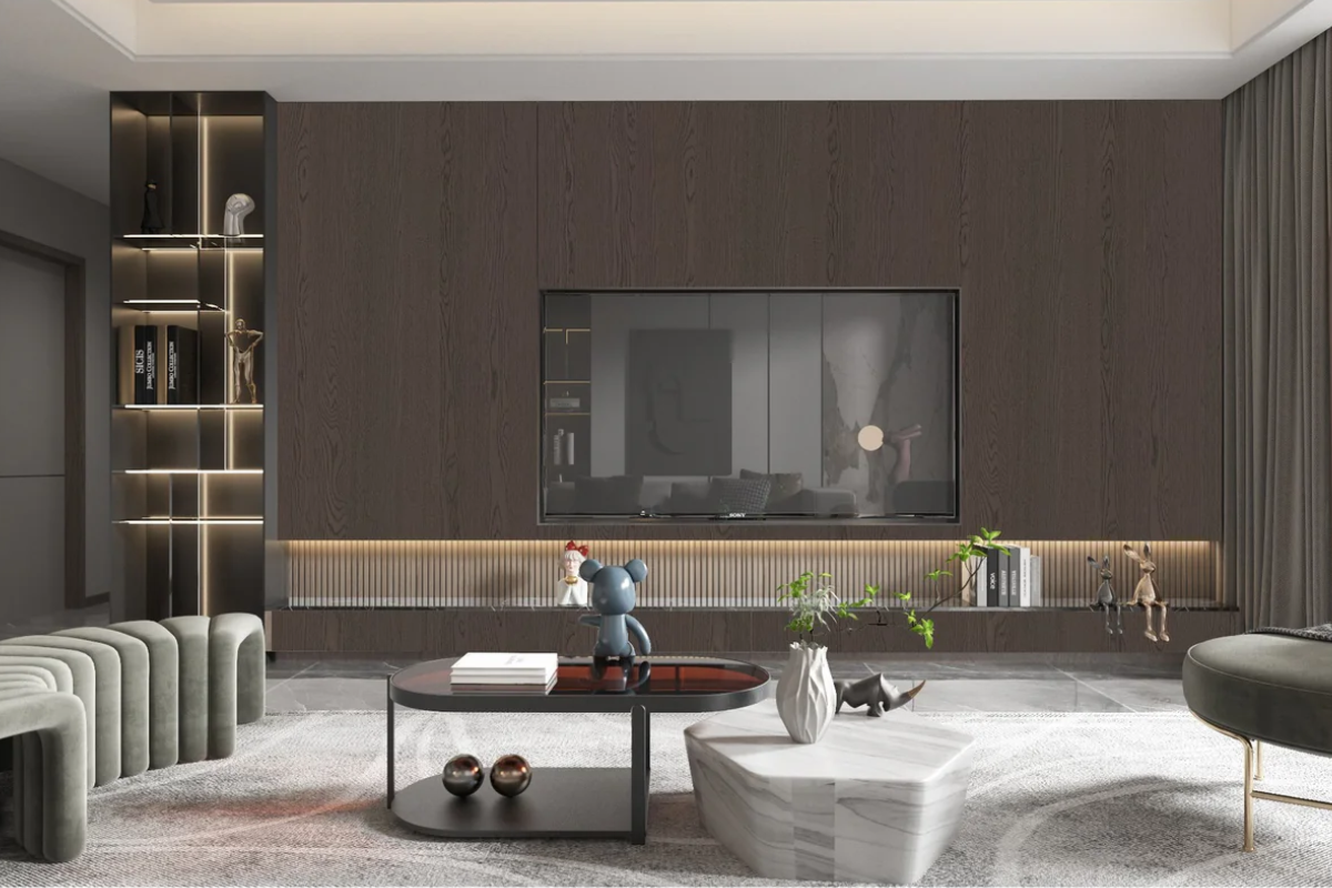 Modern living room with wood wall panels, mounted TV, elegant coffee table, and comfortable couch.