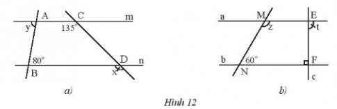 CHƯƠNG 4: GÓC VÀ ĐƯỜNG THẲNG SONG SONGBÀI 3: HAI ĐƯỜNG THẲNG SONG SONG1. DẤU HIỆU NHẬN BIẾT HAI ĐƯỜNG THẲNG SONG SONG Bài 1: Quan sát Hình 3 và dự đoán các đường thẳng nào song song với nhau.Đáp án chuẩn: m//n và a//b Thực hành 1: Tìm các cặp đường thẳng song song trong Hình 5 và giải thíchĐáp án chuẩn: Hình a: a // b vì c cắt a, b và tạo thành một cặp góc so le trong bằng nhauHình b: không có cặp đường thẳng nào song song Hình c: m // n vì p cắt m, n và tạo thành một cặp góc đồng vị bằng nhauThực hành 2: Cho hai đường thẳng phân biệt a và b cùng vuông góc với đường thẳng c tại A và B (Hình 6). Hãy chứng tỏ a//b.Đáp án chuẩn: Vì có một cặp góc đồng vị bằng nhau nên a // b2. TIÊN ĐỀ EUCLID VỀ ĐƯỜNG THẲNG SONG SONG Bài 1: Cho điểm A nằm ngoài đường thẳng a, quan sát cách vẽ đường thẳng b đi qua A và song song với a ở Hình 8.Em hãy dự đoán xem có tất cả bao nhiêu đường thẳng b đi qua A và song song với đường thẳng a.Đáp án chuẩn:1 Thực hành 3: a) Cho tam giác ABC. Hãy nêu cách vẽ đường thẳng a đi qua A và song song với BC, vẽ đường thẳng b đi qua B và song song với AC.b) Có thể vẽ được bao nhiêu đường thẳng a, bao nhiêu đường thẳng b? Vì sao?Đáp án chuẩn: a)b) 1 3. TÍNH CHẤT CỦA HAI ĐƯỜNG THẲNG SONG SONGBài 3: Em hãy:Vẽ hai đường thẳng a và b song song với nhauVẽ đường thẳng c cắt đường thẳng a và b lần lượt tại A và B.a) Chọn và đo một cặp góc so le trong, so sánh cặp góc này.b) Chọn và đo một cặp góc đồng vị, so sánh cặp góc này.Đáp án chuẩn: a) góc A3 =  góc B1 =  60o b) góc A1 = góc B =  60o Thực hành 4: Cho biết m // n và a // b. Tính số đo x,y,z và t của các góc trong hình 12.Đáp án chuẩn: a) x = 135o ; y = 80o)b) z = 120o; t = 90oVận dụng 1: Tìm các cặp góc bằng nhau của hai tam giác ABC và DEC trong Hình 13, biết a // b.Đáp án chuẩn: BAC = CDE; ABC = CED (2 góc so le trong)ACB = DCE (2 góc đối đỉnh)Vận dụng 2: Cho hai đường thẳng a, b song song với nhau, đường thẳng c vuông góc với a tại A và cắt b tại B. Hãy giải thích tại sao đường thẳng c cũng vuông góc với b.Đáp án chuẩn: Vì B1= 90o  c vuông góc với bBÀI TẬP