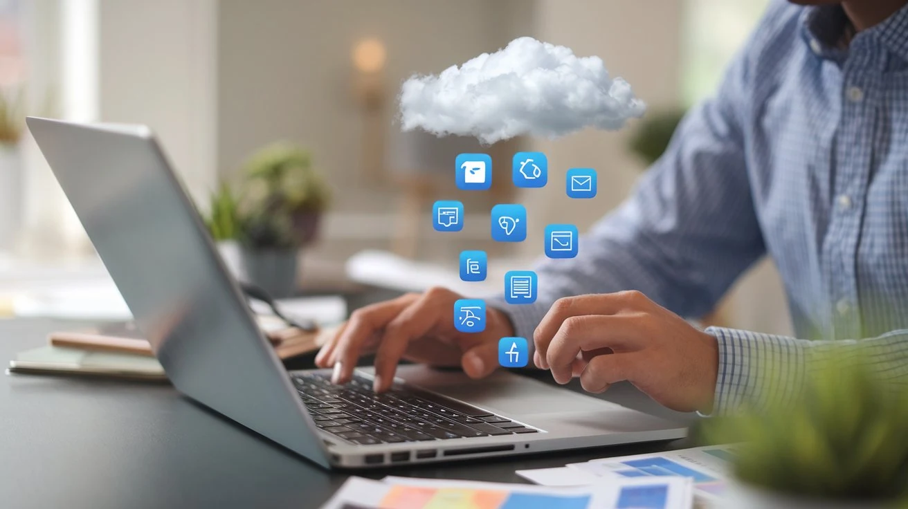 Businessperson using cloud-based software, symbolizing SaaS with icons coming from the cloud