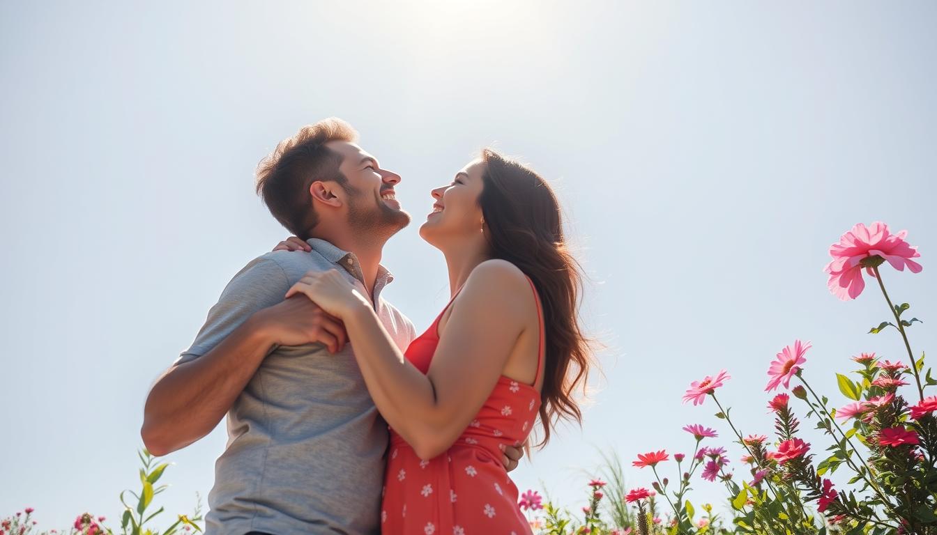 An image of two people standing in front of a clear, bright sky, with their arms around each other and their faces turned towards each other with pure happiness in their eyes. The sun is shining down on them, illuminating the joy and love between them. In the background, there are vibrant flowers and greenery, symbolizing growth and flourishing in their relationship. The overall atmosphere is peaceful and serene, representing the harmony and balance that comes with manifesting your desired person.