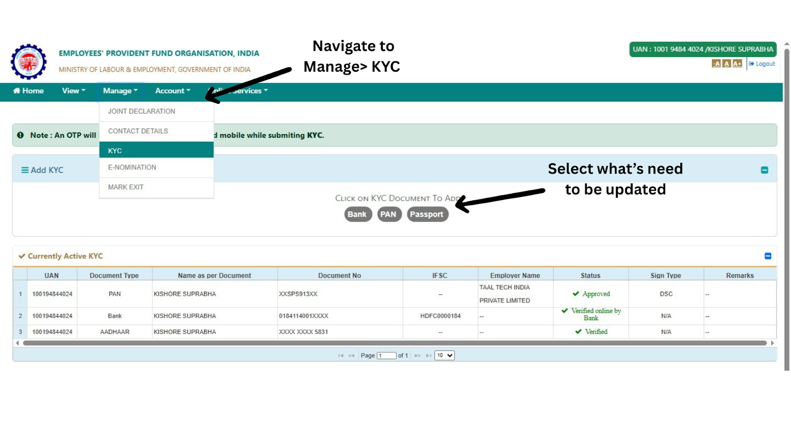 EPFO Member Portal screen showing the Add KYC section for bank details. Fields include name as per bank account, account number, IFSC, and Aadhaar-based consent checkbox.