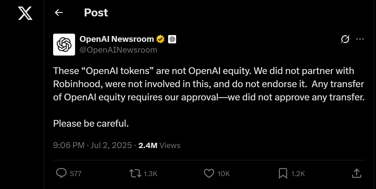 OpenAI disavows Robinhood token 