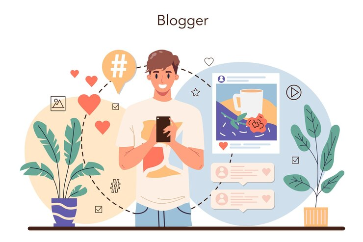 Illustration of a blogger with floating elements