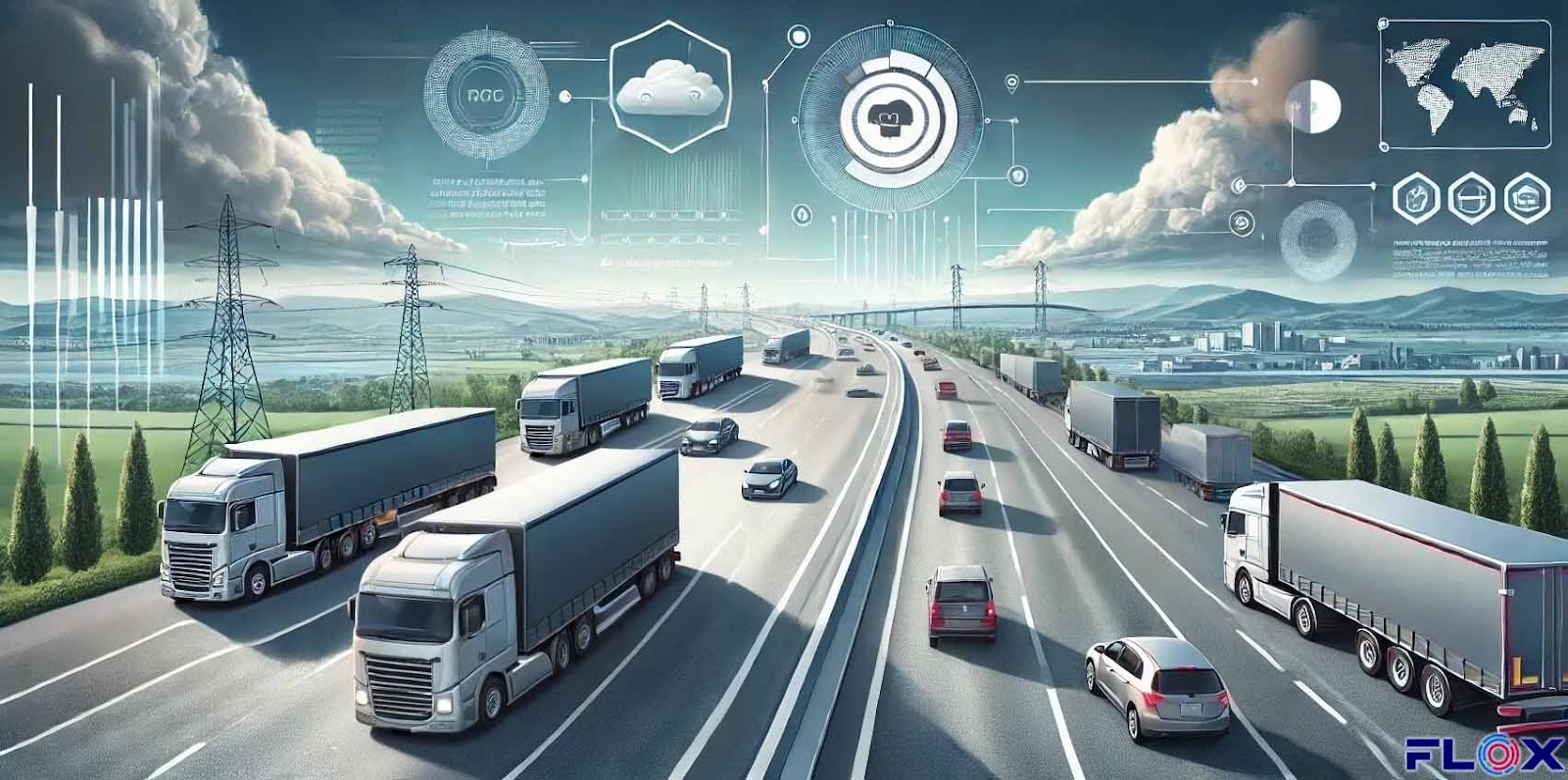 Trucks and cars on a motor way with visual represenations of logistics in the sky - FLOX