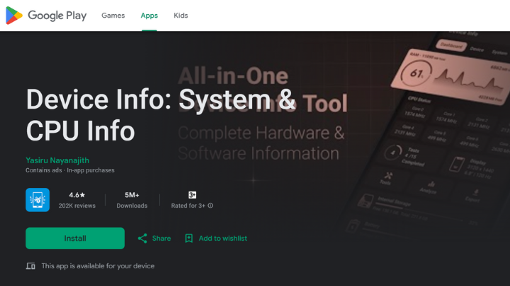 Device Info app at Play Store with more than 5 Million Downloads