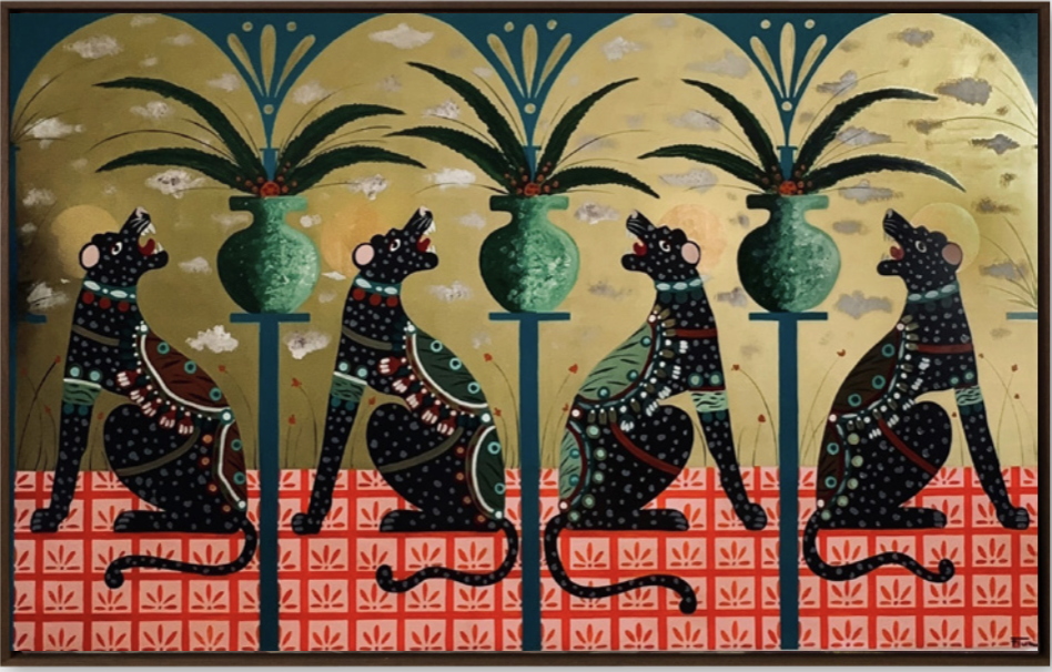 In his beautiful painting of animals titled, Chiostro San Domenico, Alessandro Florio depicts stylised dogs howling at plants