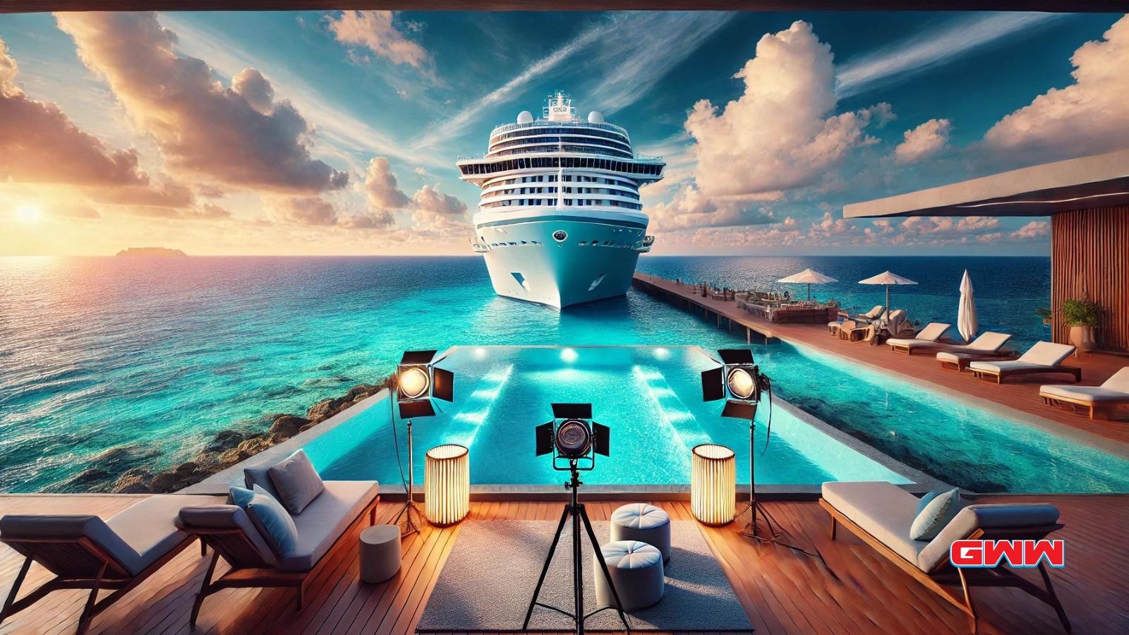 A stunning location showing a luxurious cruise ship sailing on the open sea.